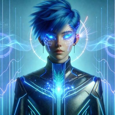 The primary subject of the image is a person, specifically a woman, with blue hair and a futuristic outfit. She is wearing a black and blue suit with a halo above her head. The setting is a futuristic environment, possibly a digital art or illustration. The visual style is a mix of digital art and illustration, creating a unique and captivating image. The colors and mood of the image are predominantly blue, giving it a futuristic and technological atmosphere.